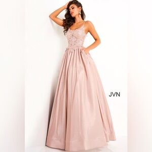 BNWT Jovani JVN 03038 Nude Embroidered Bodice V-Neck Ballgown